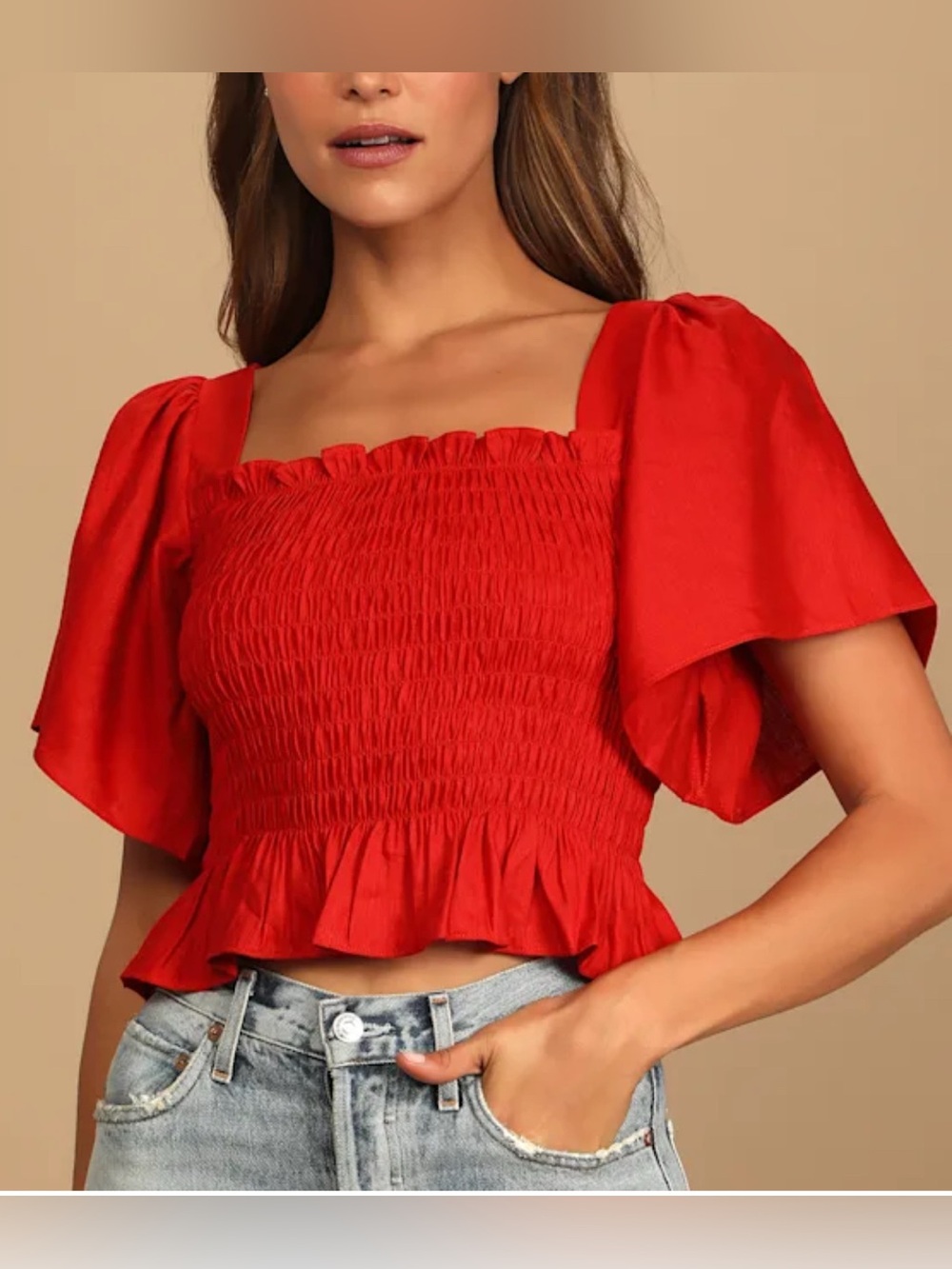 Lulu’s medium Red Smocked Flutter Sleeve Top summer romantic linen date night